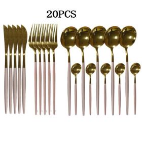 20pcs Gold Dinnerware Set Stainless Steel Cutlery Set Mirror Silverware Knife Fork Spoon Tableware Flatware Set Dishwasher Safe (Color: 20pc-PG)