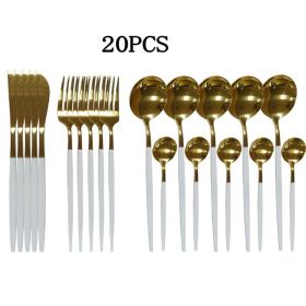 20pcs Gold Dinnerware Set Stainless Steel Cutlery Set Mirror Silverware Knife Fork Spoon Tableware Flatware Set Dishwasher Safe (Color: 20pc-WG)
