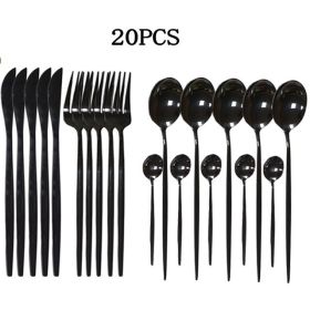 20pcs Gold Dinnerware Set Stainless Steel Cutlery Set Mirror Silverware Knife Fork Spoon Tableware Flatware Set Dishwasher Safe (Color: 20pc-black)